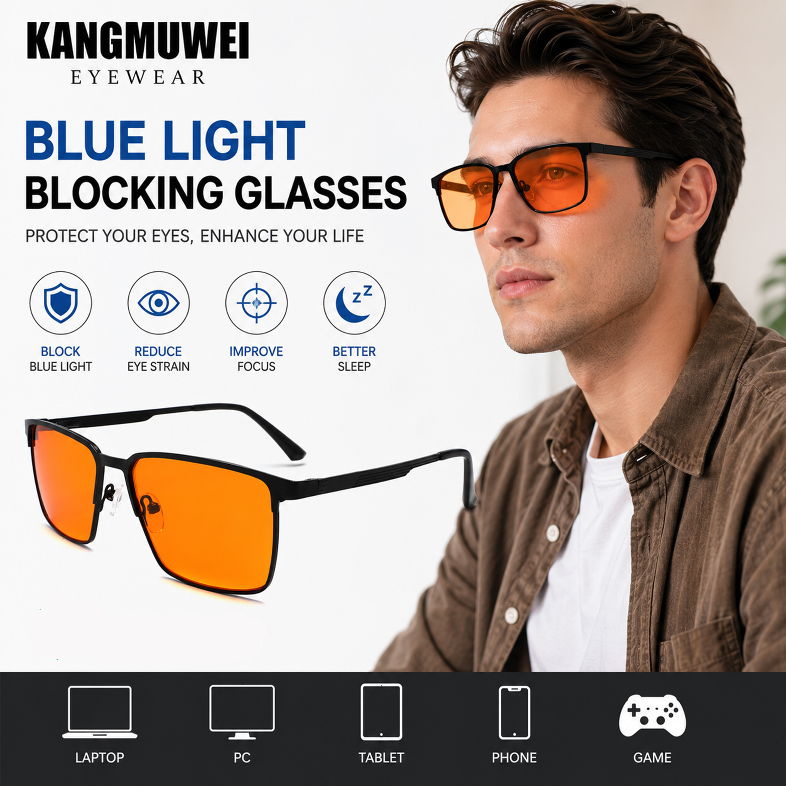 Blue Light Glasses - Kangmuwei Classic Metal Frame Zero-Degree Flat